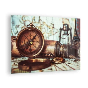 Billede på glas - Et antikt kompas og kort med pirateventyr som baggrund - 70x50cm - Der venter dig et pirateventyr i Caribien - Moderne vægdekoration til stue og soveværelse ARTTOR
