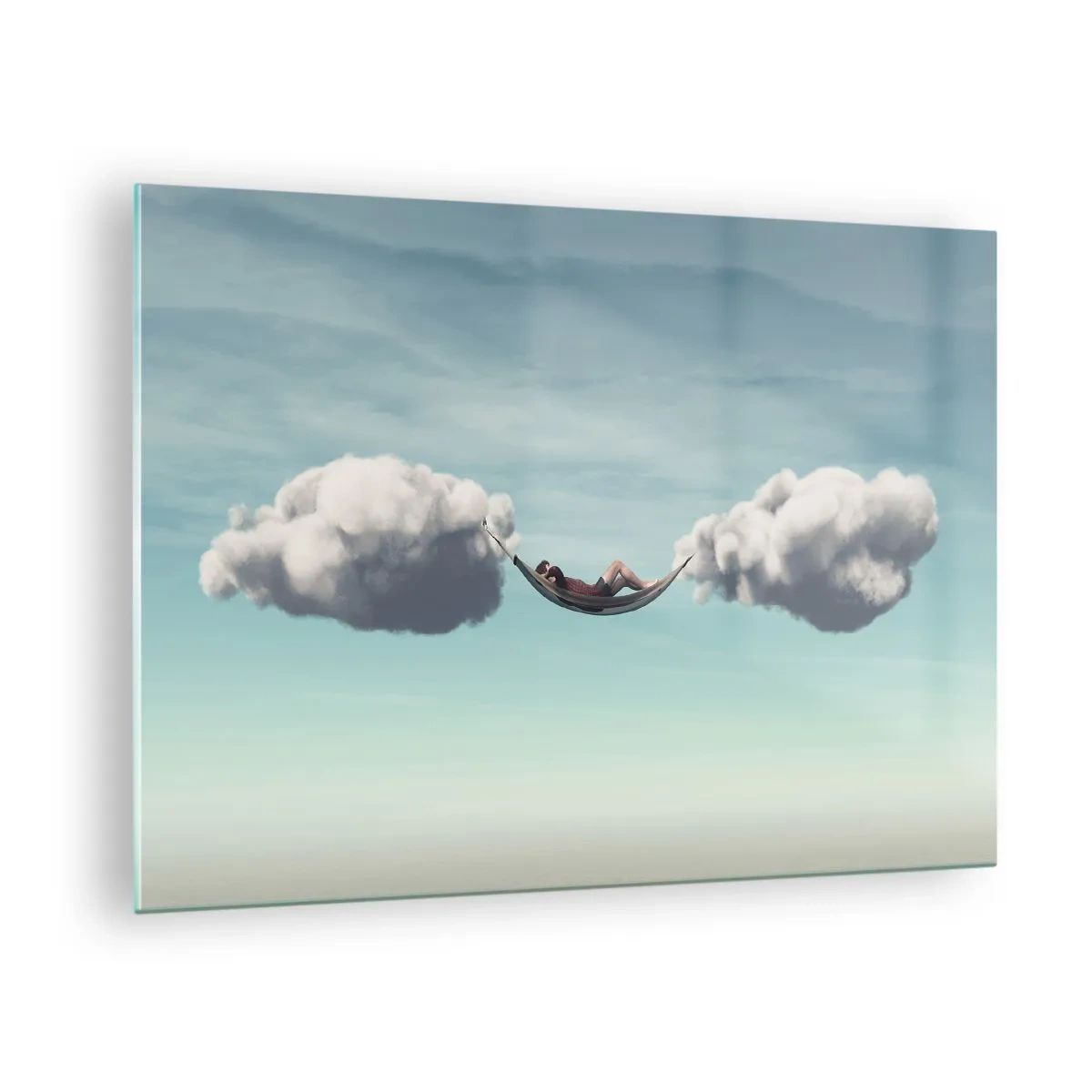 Billede på glas - Hængekøjer i skyer på en blå himmel - 70x50cm - Lykken i øjeblikket - Moderne vægdekoration til stue og soveværelse ARTTOR