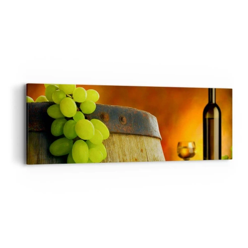 Lærredstryk - Billede på lærred - Stilleben med en flaske vin og en drueklaske - 90x30 cm