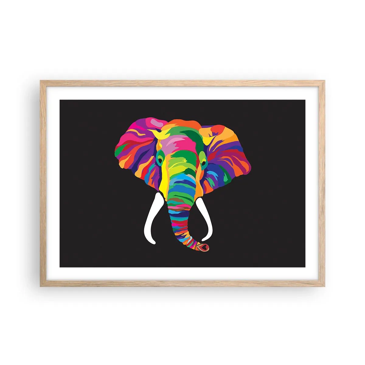 Plakat i ramme af lyst egetræ - Elefanten, der elskede at bade i regnbuen - 70x50 cm