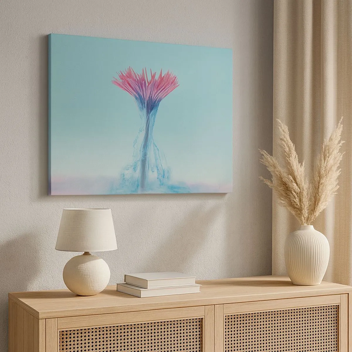 Lærredstryk - Billede på lærred - En lyserød og blå blomst i et kunstnerisk arrangement mod en pastelfarvet baggrund - 70x50cm - I en nærende omfavnelse - Moderne vægdekoration til stue og soveværelse ARTTOR