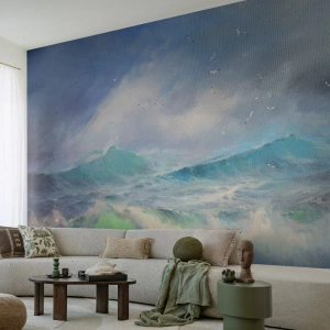 Fototapet Premium Sand - "Hvirvelvinden hylede af triumf ...’ - Storm, Høj bølge, Fugle - 250x175 cm