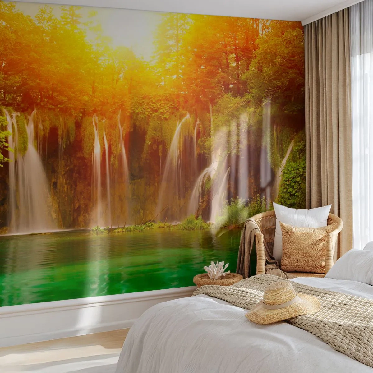 Fototapet Standard Eco - I solskin og skygge - Landskab, Vandfald, Kroatien - 200x140 cm