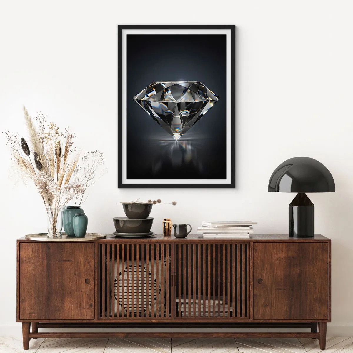 Plakat i sort ramme - En skinnende diamant på en mørk baggrund, der reflekterer lys - 50x70cm - Bedste veninde - Moderne vægdekoration til stue og soveværelse ARTTOR
