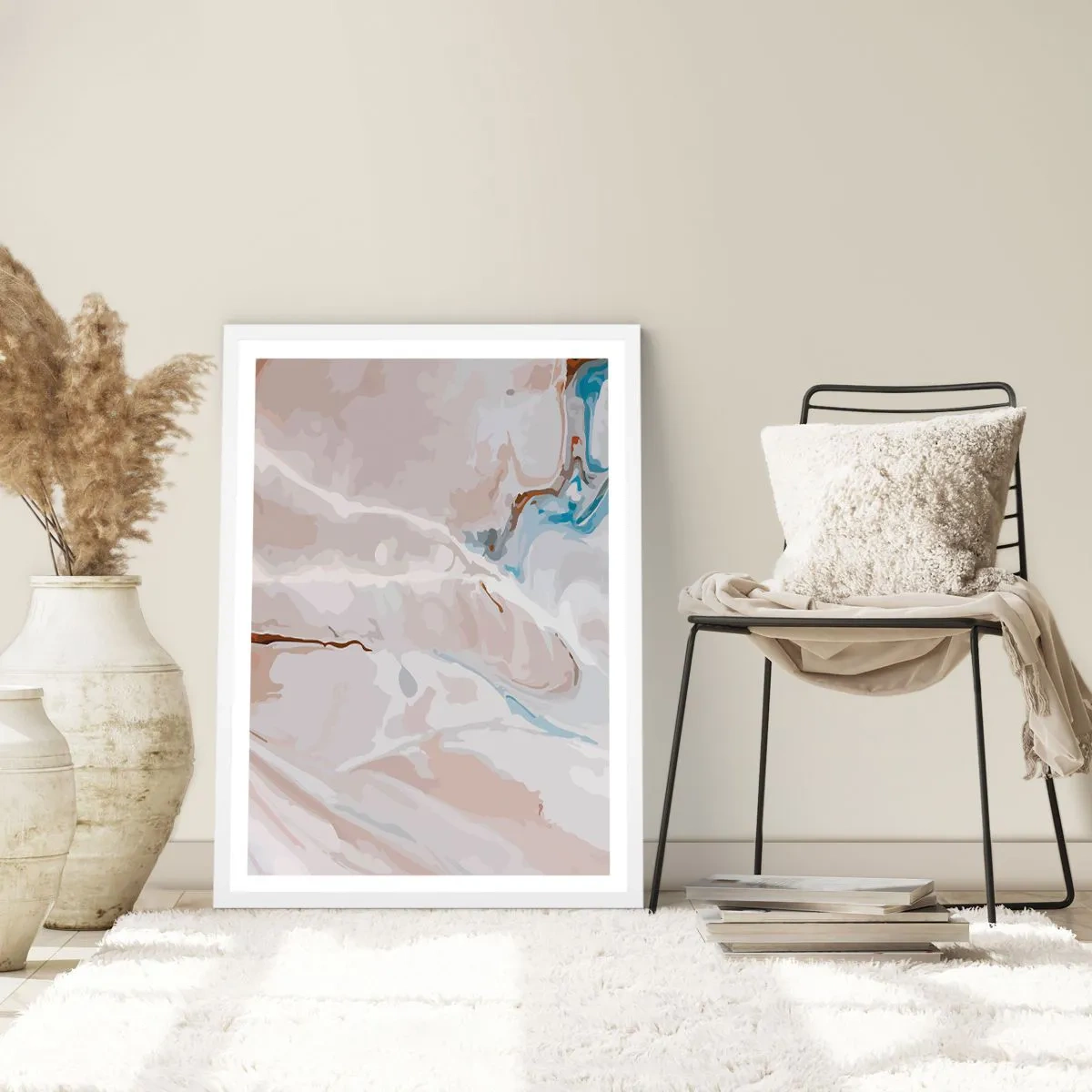 Plakat i hvid ramme - Blå slynger sig under det hvide - 70x100 cm