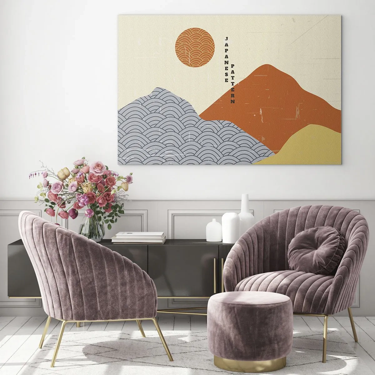 Billede på glas - Grafik med japanske bjerg- og solmønstre - 70x50cm - I den japanske ånd - Moderne vægdekoration til stue og soveværelse ARTTOR