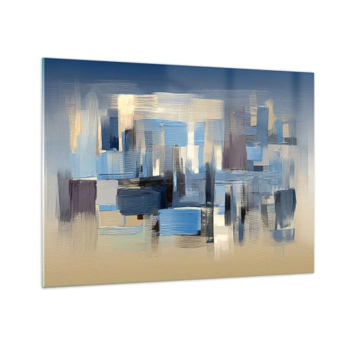 Billede på glas - Geometriske penselstrøg i blå og beige nuancer - 70x50cm - Blå konstruktion - Moderne vægdekoration til stue og soveværelse ARTTOR