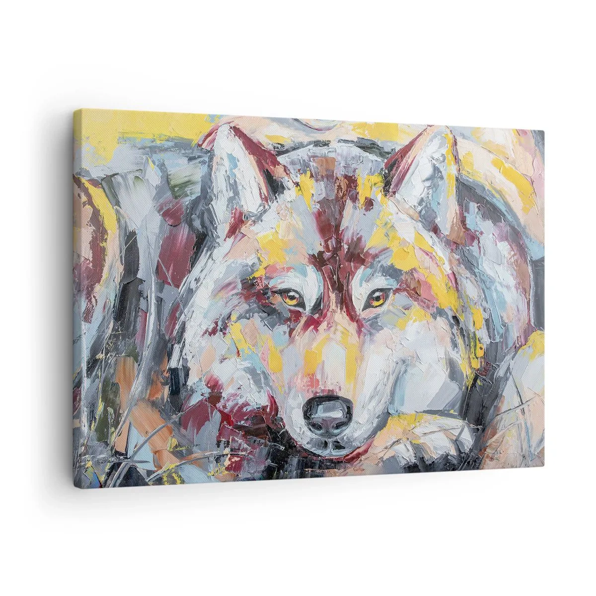 Lærredstryk - Billede på lærred - Kunstnerisk portræt af en ulv i intense farver - 70x50cm - Fred blandt kære - Moderne vægdekoration til stue og soveværelse ARTTOR
