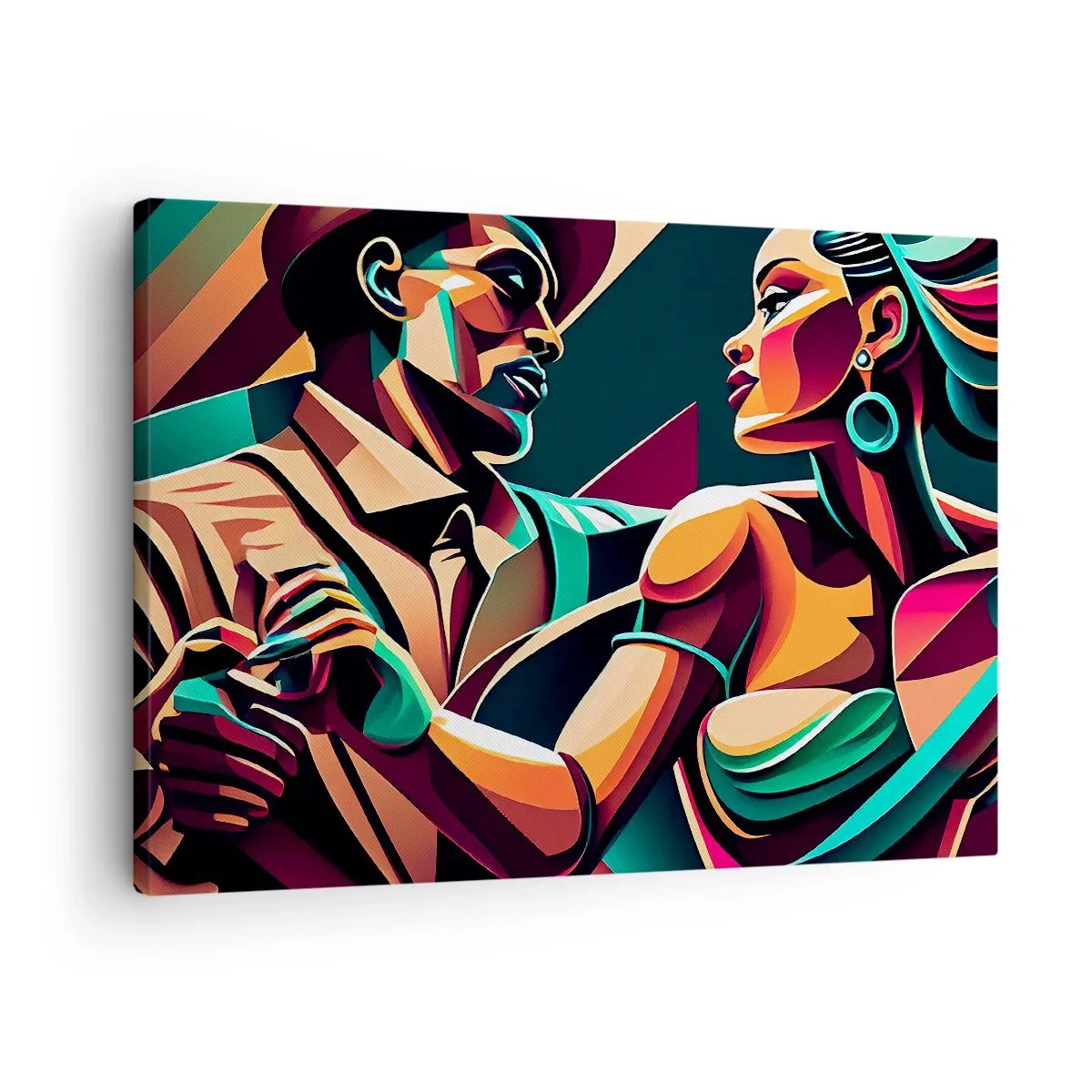 Lærredstryk - Billede på lærred - Et stiliseret par, der danser i livlige, geometriske farver. - 70x50cm - I hjertets rytme - Moderne vægdekoration til stue og soveværelse ARTTOR