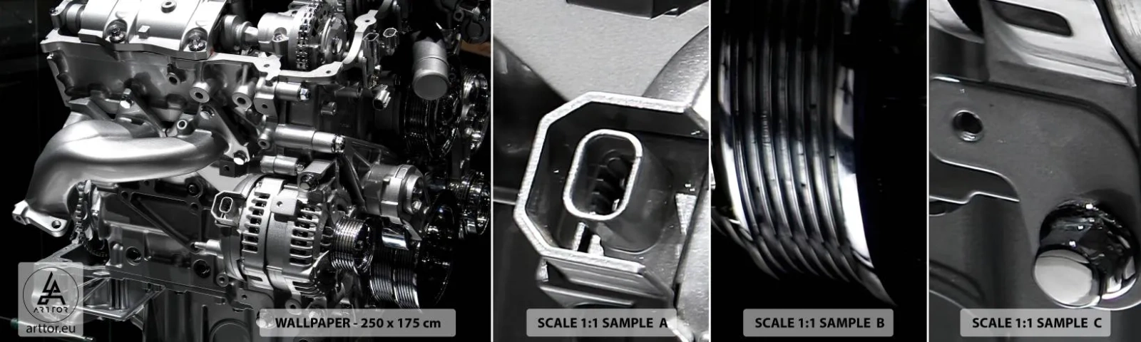 Prøve Fototapet Selvklæbende Deluxe Sticker - Stål, smuk, stærk - Automotive, Bil motor, 3D - 100x30 cm