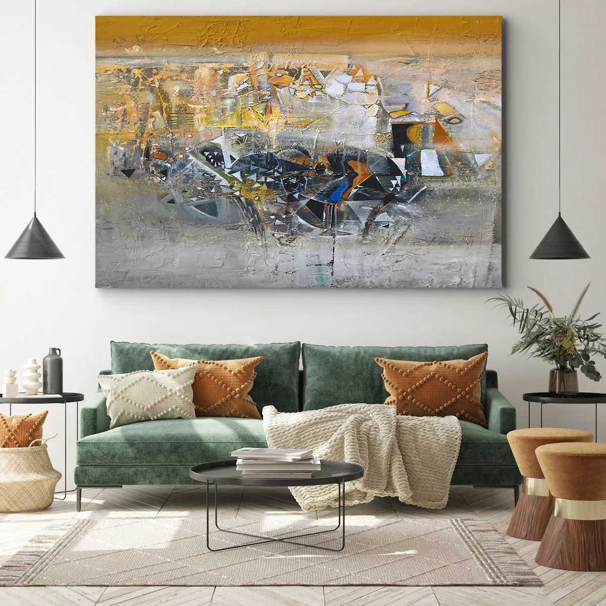 Lærredstryk - Billede på lærred - Abstraktion med dominerende nuancer af gul og grå - 70x50cm - Alt vil falde på plads - Moderne vægdekoration til stue og soveværelse ARTTOR