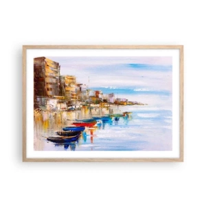 Plakat i ramme af lyst egetræ - Flerfarvet urban havn - 70x50 cm