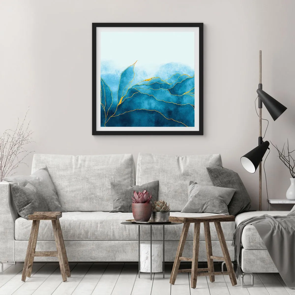 Plakat i sort ramme - Blå i guld - 40x40 cm