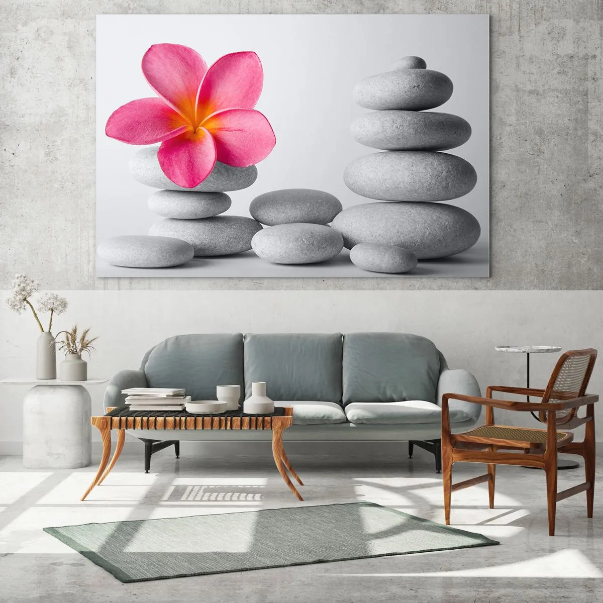 Billede på glas - En lyserød blomst mod en bunke hvide sten - 70x50cm - Sten på sten, og på denne sten... - Moderne vægdekoration til stue og soveværelse ARTTOR