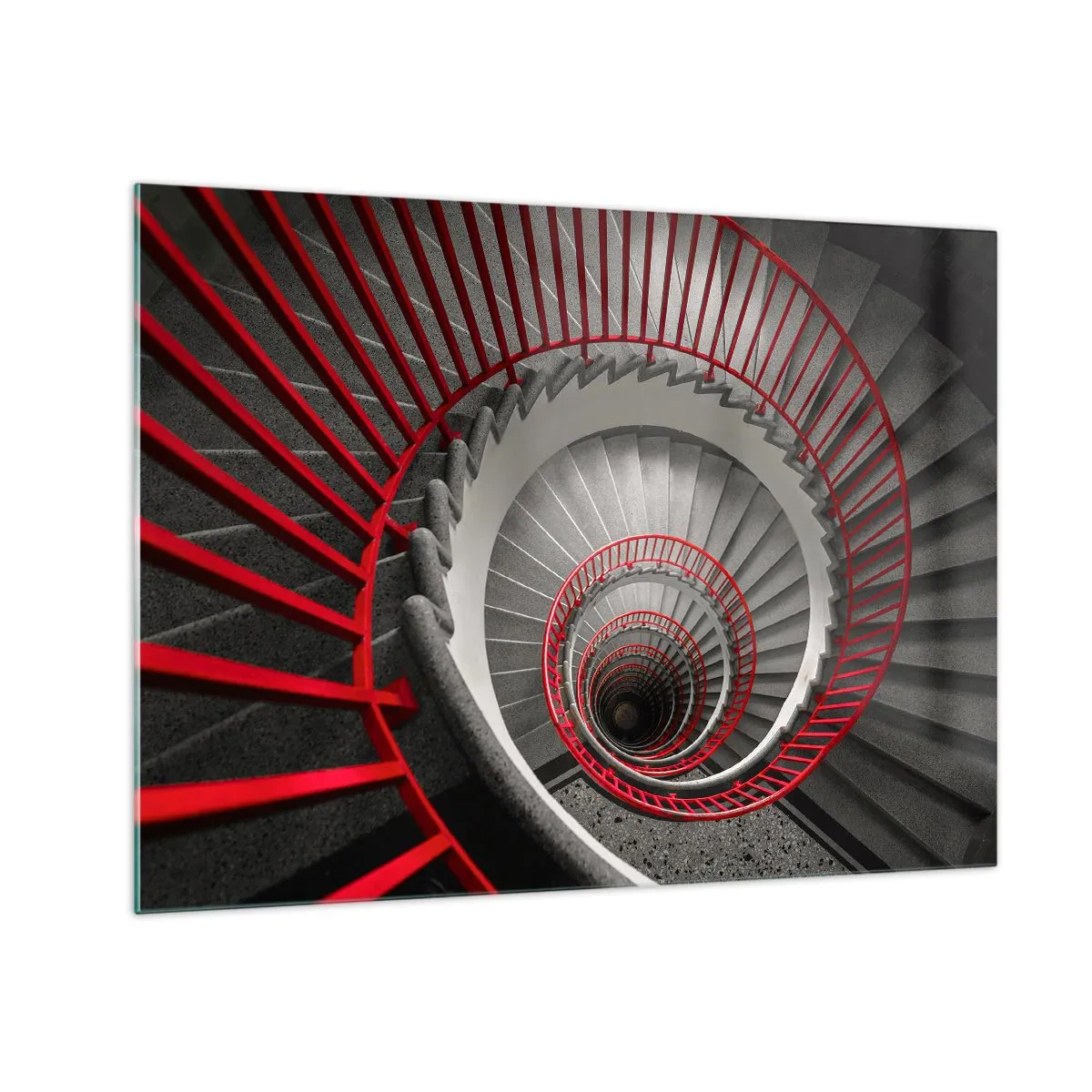 Billede på glas - Spiraltrappe med røde gelændere i perspektiv - 70x50cm - Arkitektoniske lege - Moderne vægdekoration til stue og soveværelse ARTTOR