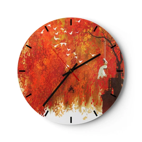 Vægur, Uret - Efterårsscene med en gynge omgivet af gyldne blade og fugle - 30x30cm - Vil han flyve med dem? - Moderne vægdekoration til stue, køkken og soveværelse ARTTOR
