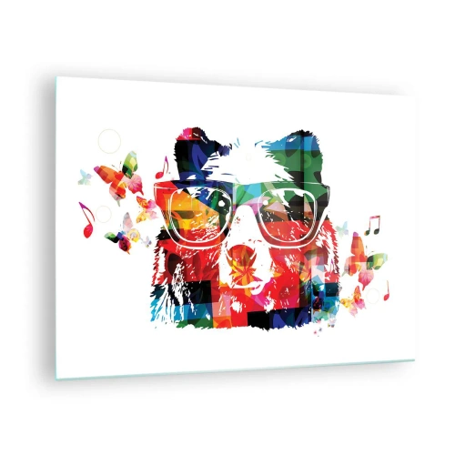 Billede på glas - Farverig bjørn med briller i pop art-stil med et musikalsk tema - 70x50cm - Jeg elsker det! - Moderne vægdekoration til stue og soveværelse ARTTOR