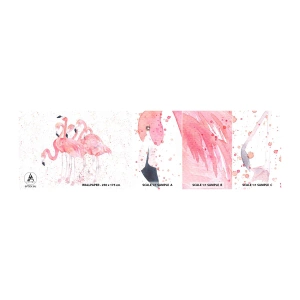 Fototapet Prøve Standard Eco - Lyserød ansambl - Flamingoer, Fugle, Grafik - 100x30 cm