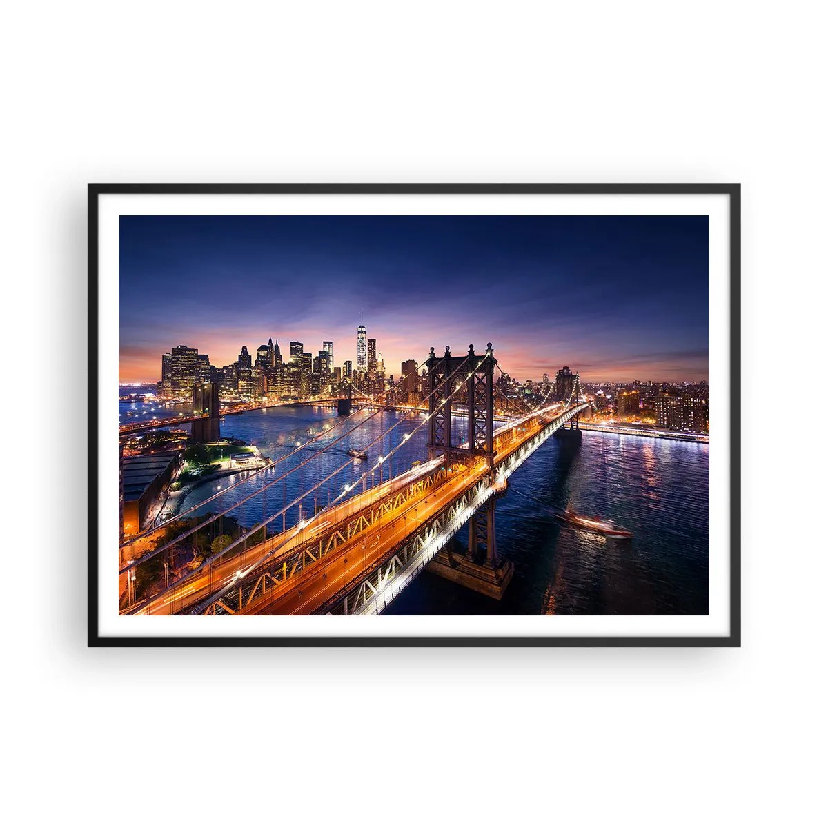 Plakat i sort ramme - En lysende bro til hjertet af byen - 100x70 cm