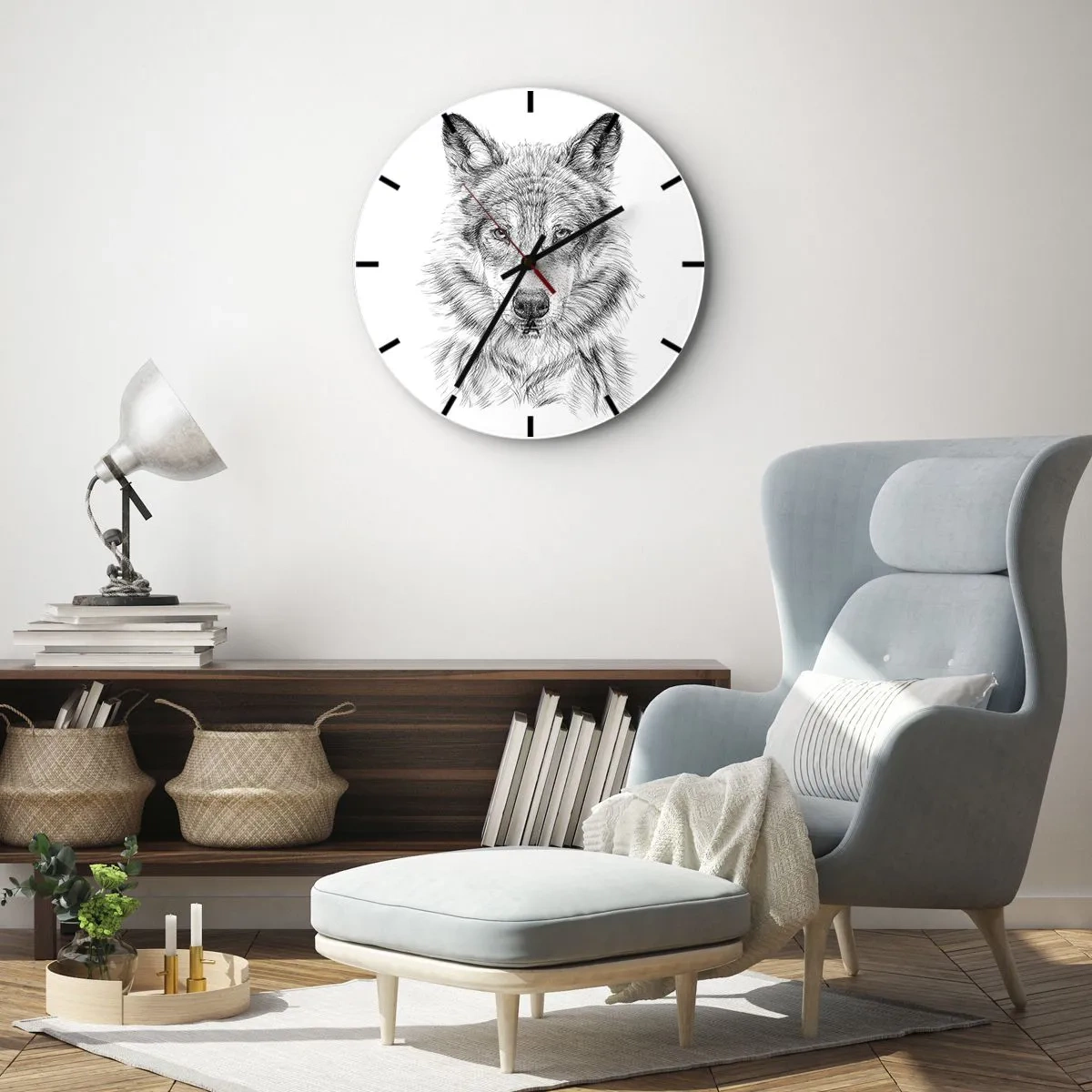 Vægur, Uret - Sort-hvid skitse af et ulvehoved på en hvid baggrund - 30x30cm - En født leder - Moderne vægdekoration til stue, køkken og soveværelse ARTTOR