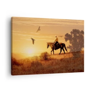 Lærredstryk - Billede på lærred - En rytter på en hest ved solnedgang mod prærien - 70x50cm - Alene på tværs af prærien - Moderne vægdekoration til stue og soveværelse ARTTOR
