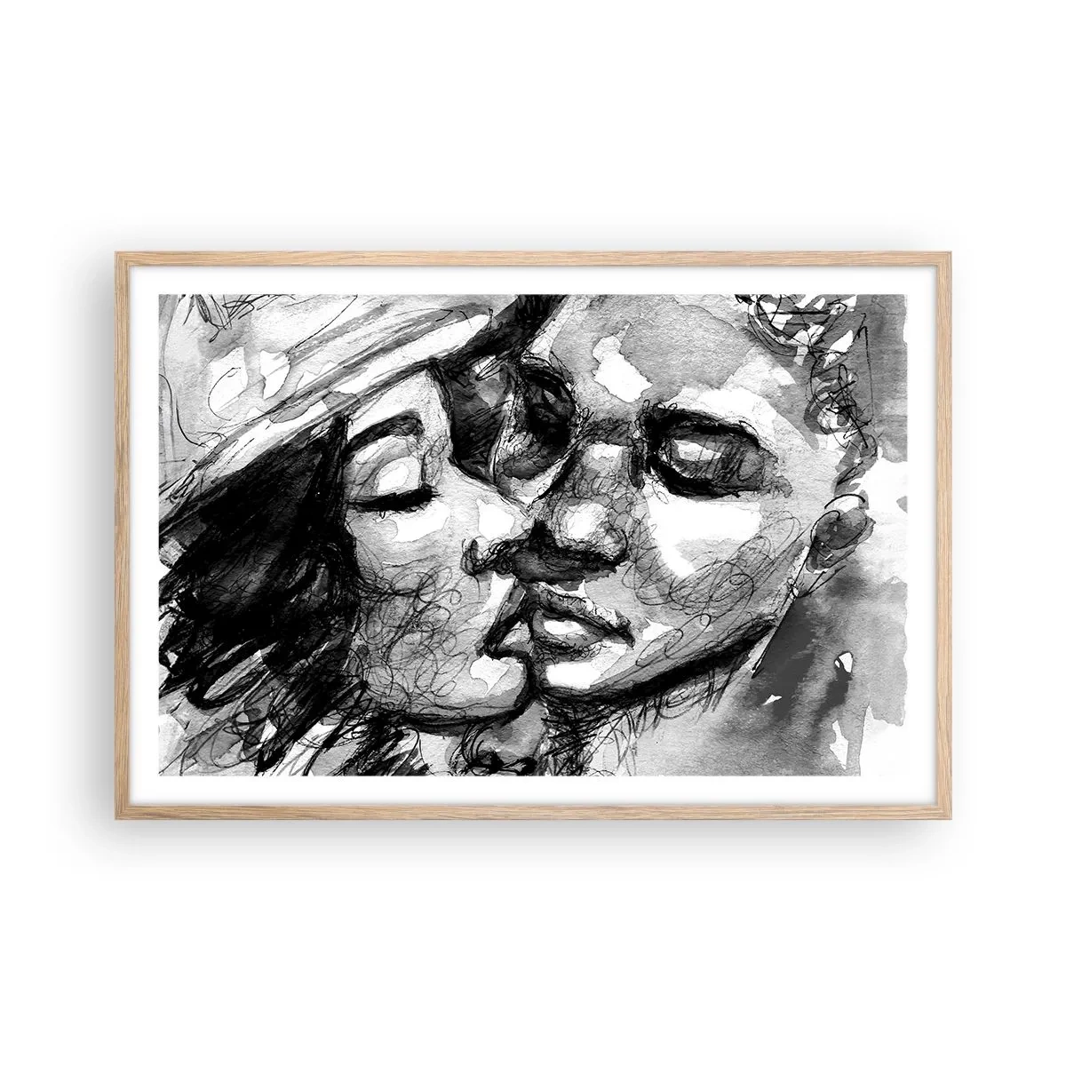 Plakat i ramme af lyst egetræ - Et ømt øjeblik - 91x61 cm