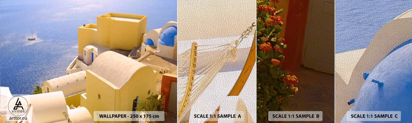 Prøve Fototapet Premium Sand - Græsk landskab i hvid og blå - Landskab, Santorini, Grækenland - 100x30 cm