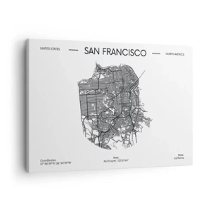 Lærredstryk - Billede på lærred - Et kort over San Francisco i sort-hvid minimalistisk stil. - 70x50cm - San Franciscos anatomi - Moderne vægdekoration til stue og soveværelse ARTTOR