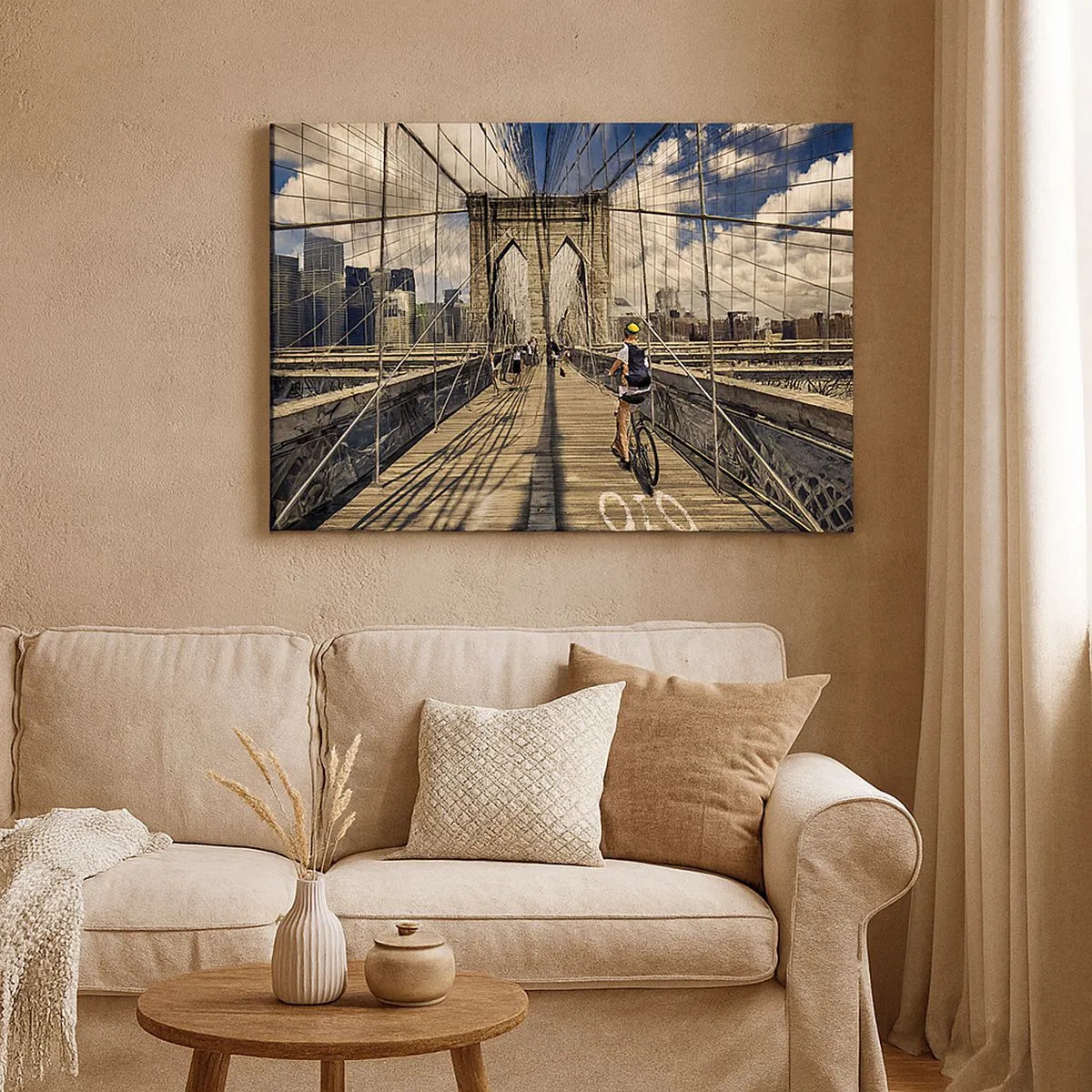 Lærredstryk - Billede på lærred - Brooklyn Bridge med udsigt til fodgængere og cyklister - 70x50cm - Lige til hjertet af byen - Moderne vægdekoration til stue og soveværelse ARTTOR