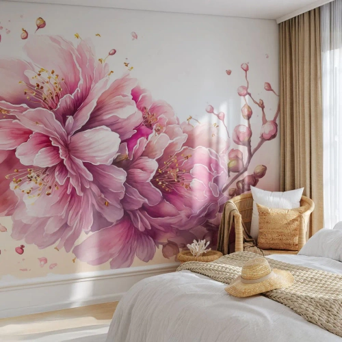 Fototapet Selvklæbende Deluxe Sticker - Kirsebærblomst - Blomstrer, Blomst, Akvarel - 100x70 cm