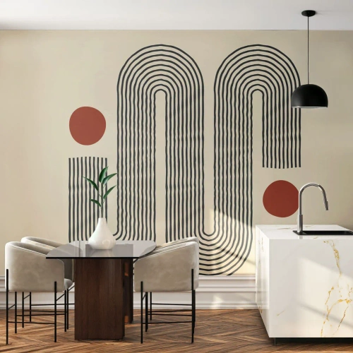 Fototapet Standard Eco - Geometrisk mønster med linjer og røde cirkler - 100x70cm - Fra start til slut - Moderne vægdekoration til stue og soveværelse ARTTOR