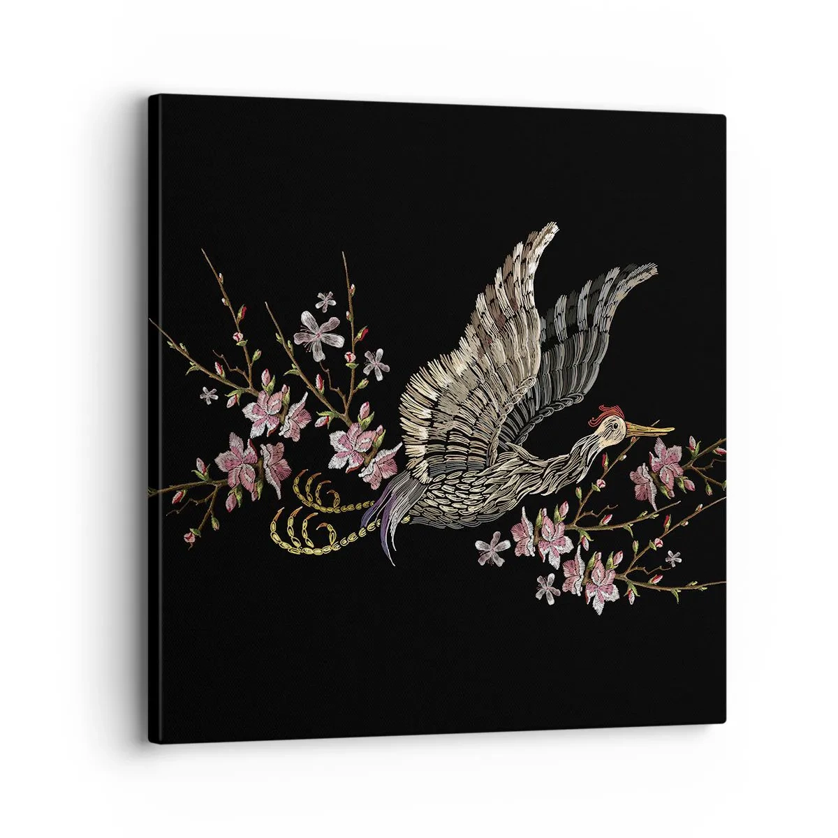 Lærredstryk - Billede på lærred - Eksotisk broderet fugl - 30x30 cm