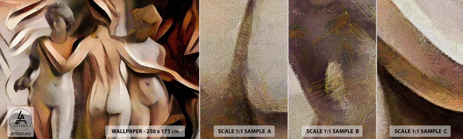 Prøve Fototapet Premium Sand - Tre Nåder 2.0 - Kvinde, Kubisme, Stykke - 100x30 cm