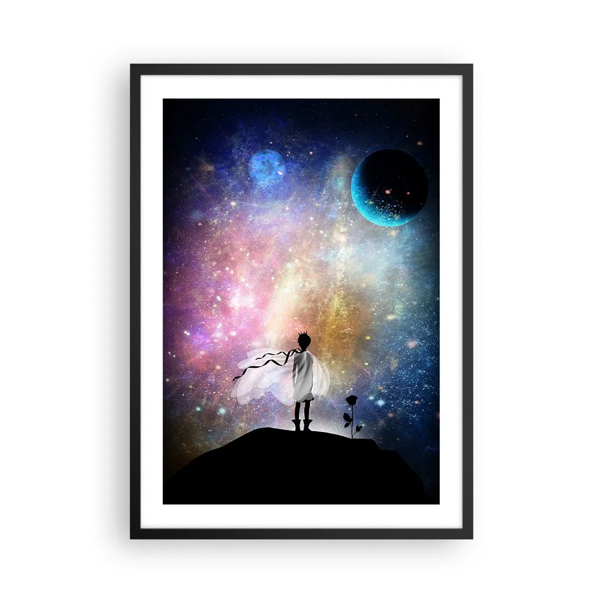 Plakat i sort ramme - En fantastisk rumscene med en silhuet af en figur og en rose - 50x70cm - Lille prins - Moderne vægdekoration til stue og soveværelse ARTTOR