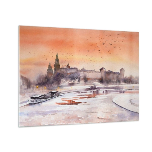 Billede på glas - Solnedgang over det kongelige slot og floden om vinteren - 70x50cm - Kongelig solnedgang - Moderne vægdekoration til stue og soveværelse ARTTOR