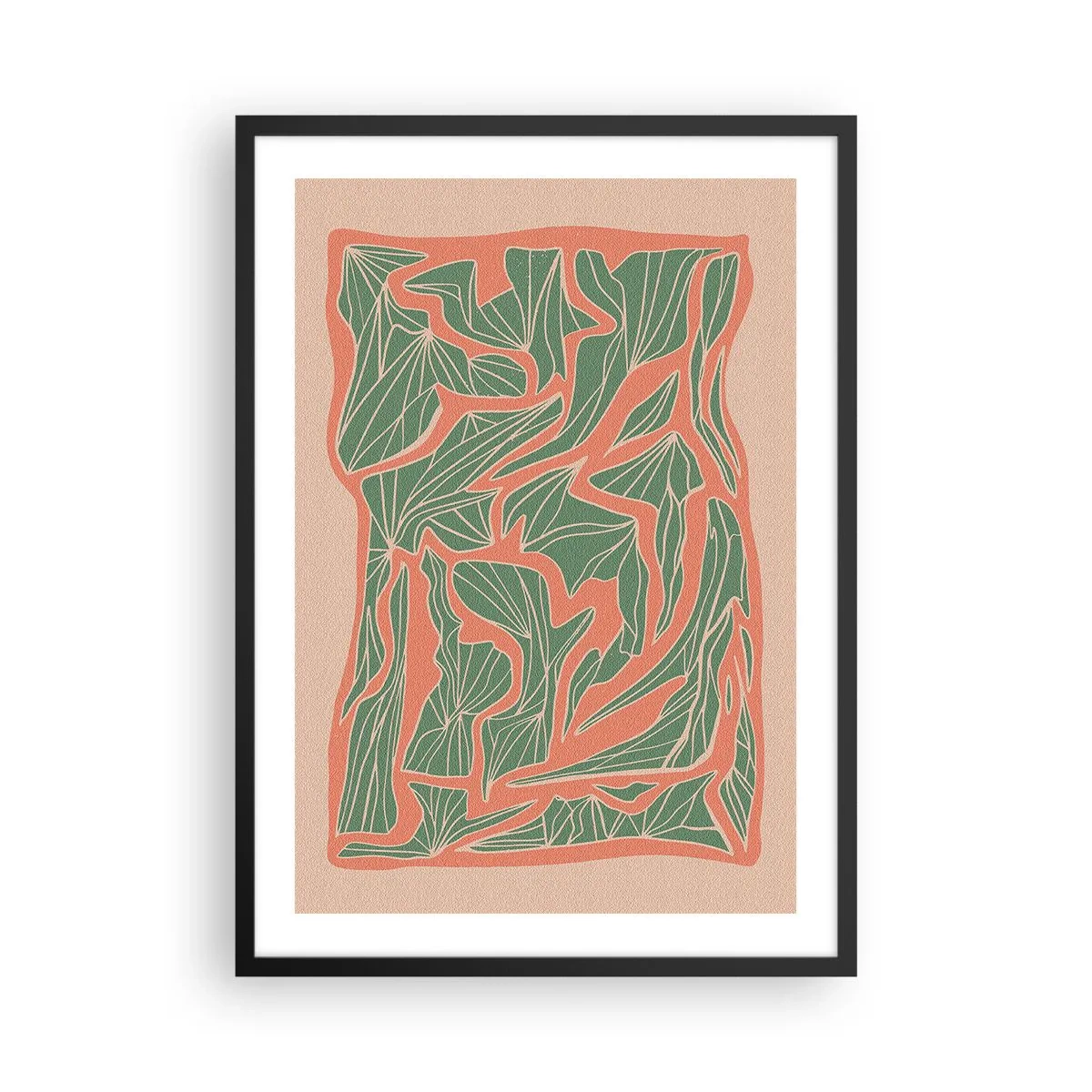 Plakat i sort ramme - Abstrakt bladmønster i nuancer af grønt og terrakotta - 50x70cm - En kamp mellem koral og grøn - Moderne vægdekoration til stue og soveværelse ARTTOR
