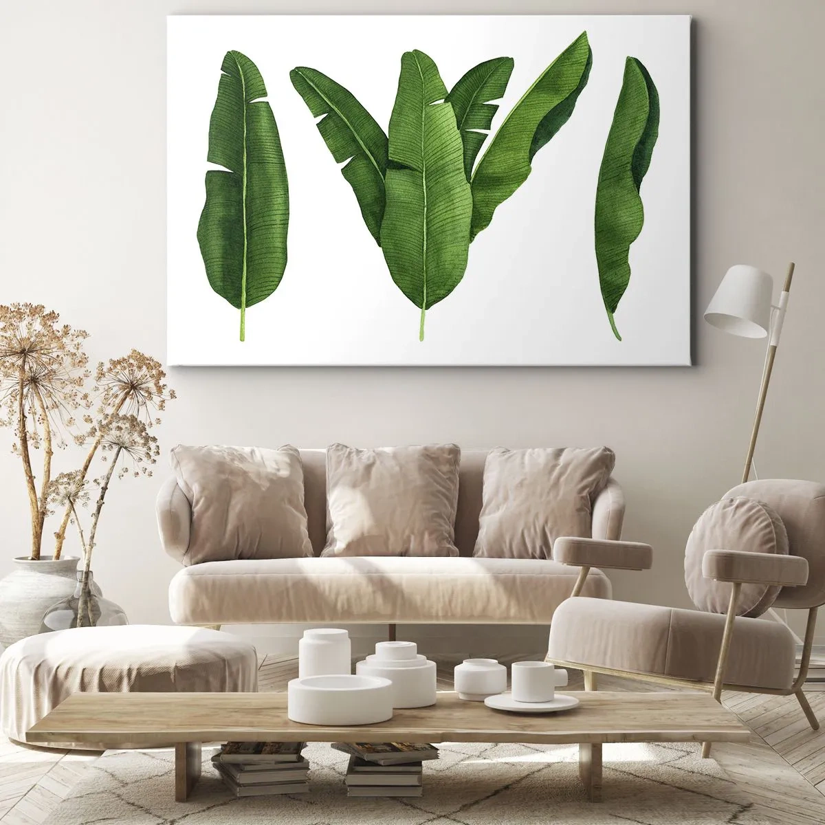 Lærredstryk - Billede på lærred - Tre bananblade i en kunstnerisk tilgang - 70x50cm - Grøn symmetri - Moderne vægdekoration til stue og soveværelse ARTTOR