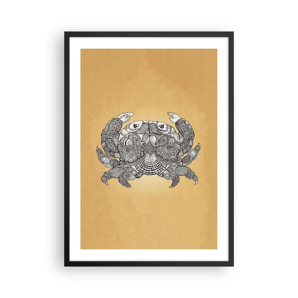 Plakat i sort ramme - Dekorativ illustration af en krabbe med et fint mønster på en gylden baggrund - 50x70cm - Fortællinger om hr. krabbe - Moderne vægdekoration til stue og soveværelse ARTTOR