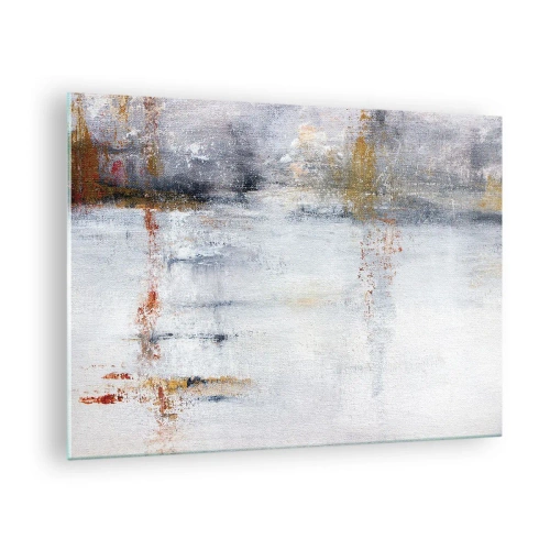 Billede på glas - Et abstrakt maleri med en diskret kombination af grå, hvid og guld. - 70x50cm - Bag lufttæppet - Moderne vægdekoration til stue og soveværelse ARTTOR
