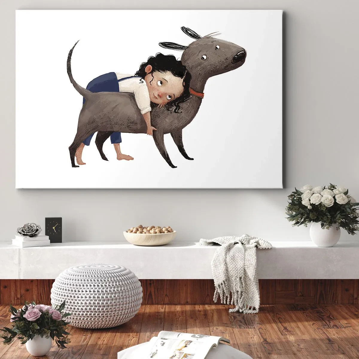 Lærredstryk - Billede på lærred - Tegneserieillustration af et barn, der krammer en hund - 70x50cm - Bedste venner - Moderne vægdekoration til stue og soveværelse ARTTOR