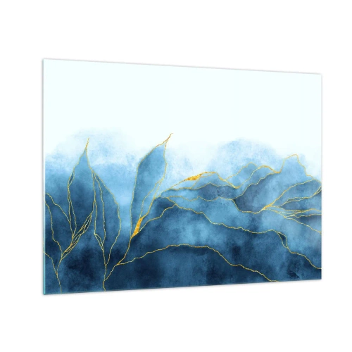 Billede på glas - Abstrakte blå former med fine guldlinjer. - 70x50cm - Blå i guld - Moderne vægdekoration til stue og soveværelse ARTTOR