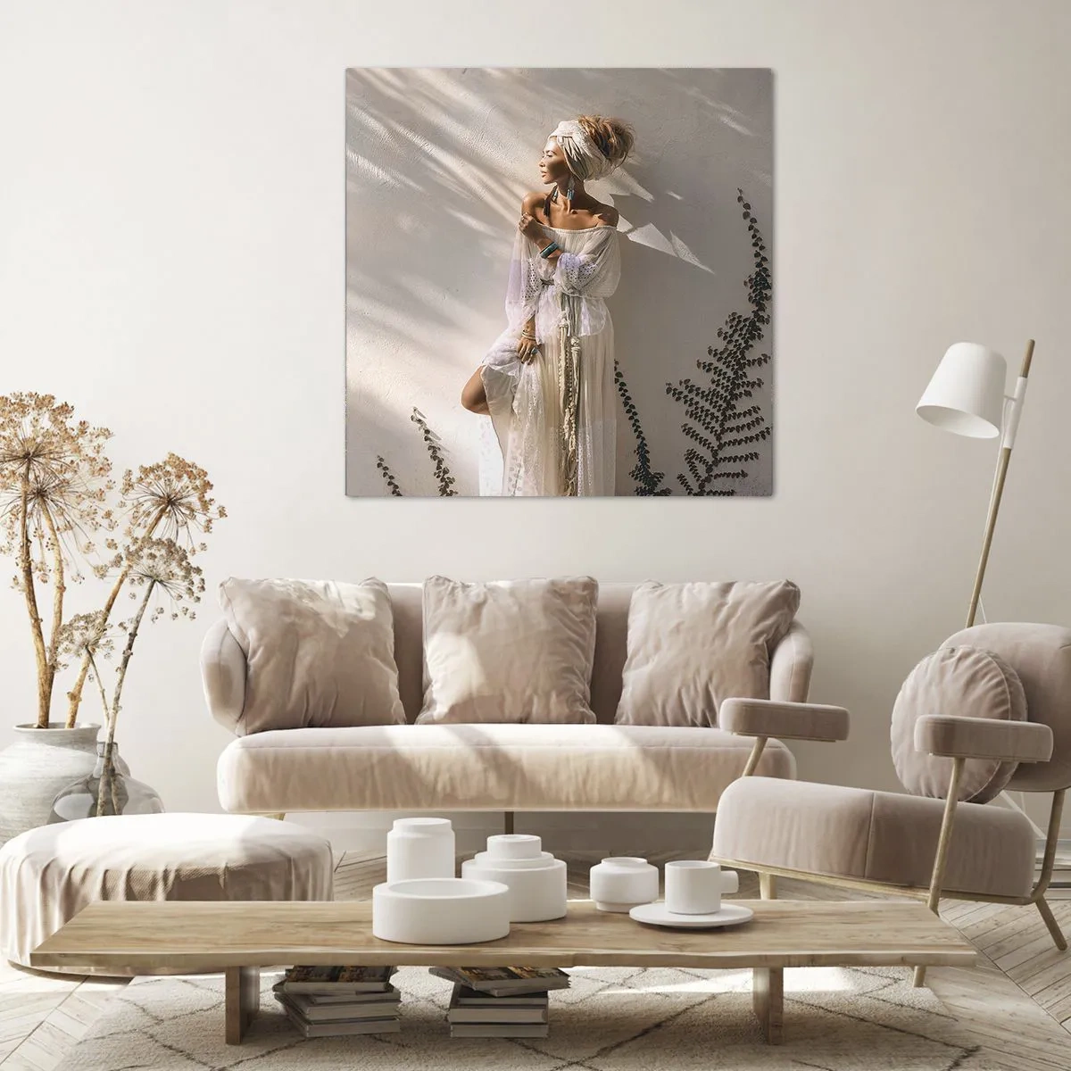 Lærredstryk - Billede på lærred - Solen og pigen - 50x50 cm