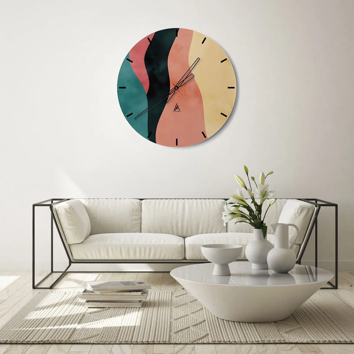 Vægur, Uret - Farverige bølgede striber i nuancer af turkis, sort, lyserød og gul - 30x30cm - Kompatibel manglende overholdelse - Moderne vægdekoration til stue, køkken og soveværelse ARTTOR