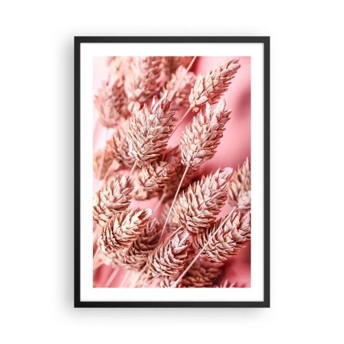 Plakat i sort ramme - Nærbillede af tørrede kornaks på en lyserød baggrund - 50x70cm - Blomsterkaskade i lyserødt - Moderne vægdekoration til stue og soveværelse ARTTOR