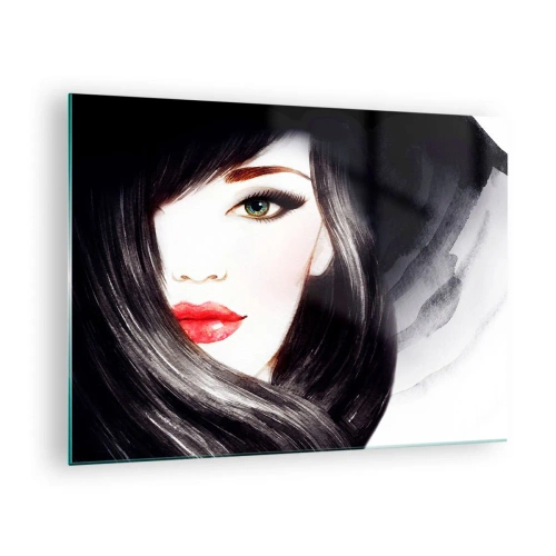 Billede på glas - Portræt af en kvinde med sort hår og udtryksfulde røde læber - 70x50cm - Safir blik - Moderne vægdekoration til stue og soveværelse ARTTOR