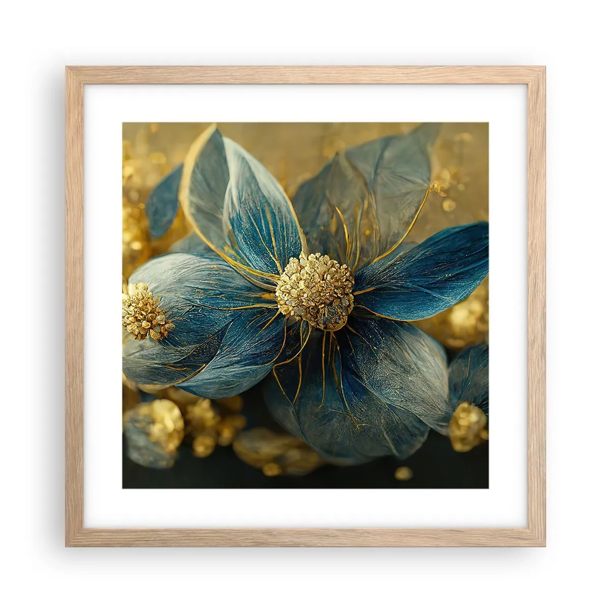 Plakat i ramme af lyst egetræ - Blomstre med guld - 40x40 cm