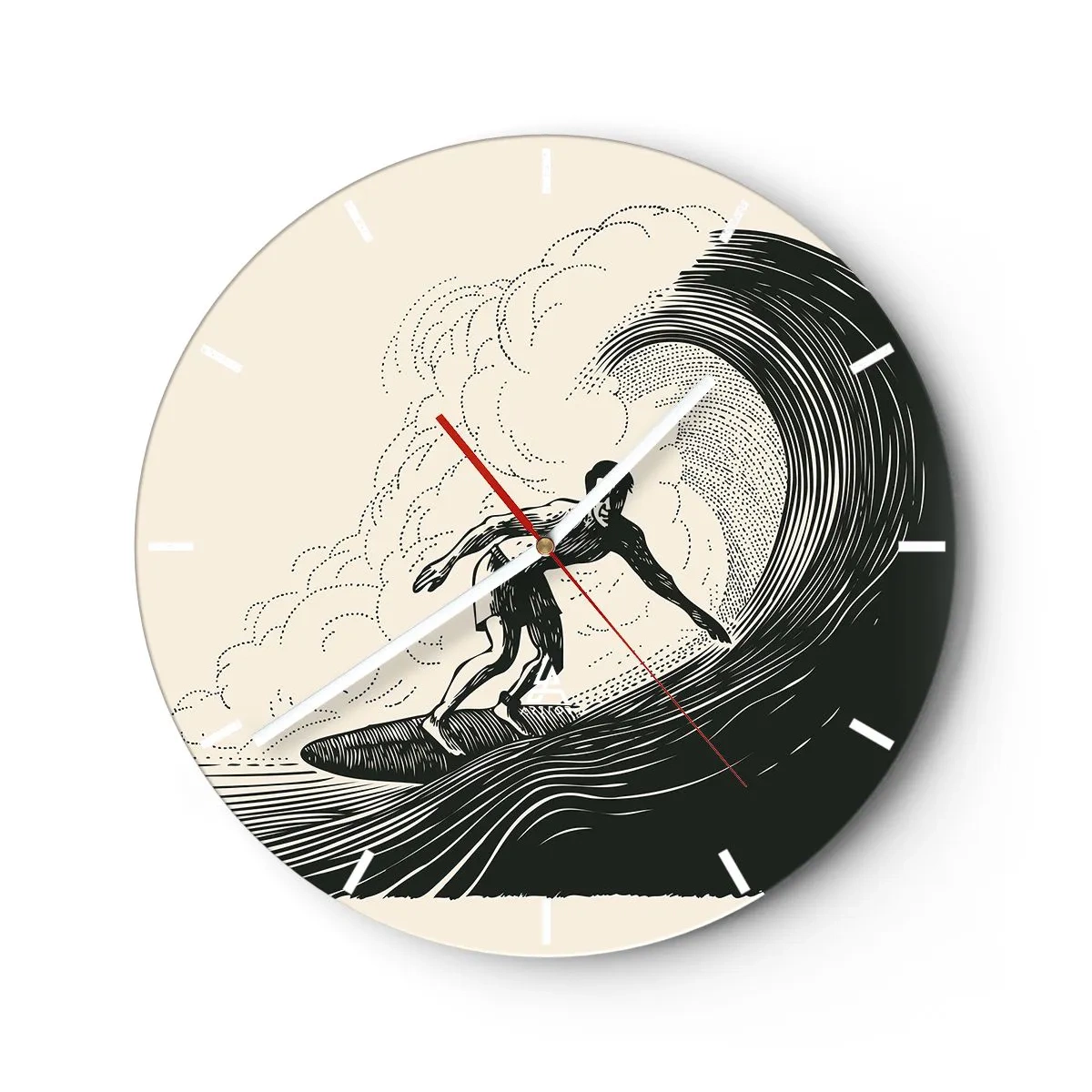 Vægur, Uret - Surfer på en retrobølge - 30x30cm - Bølgens konge - Moderne vægdekoration til stue, køkken og soveværelse ARTTOR