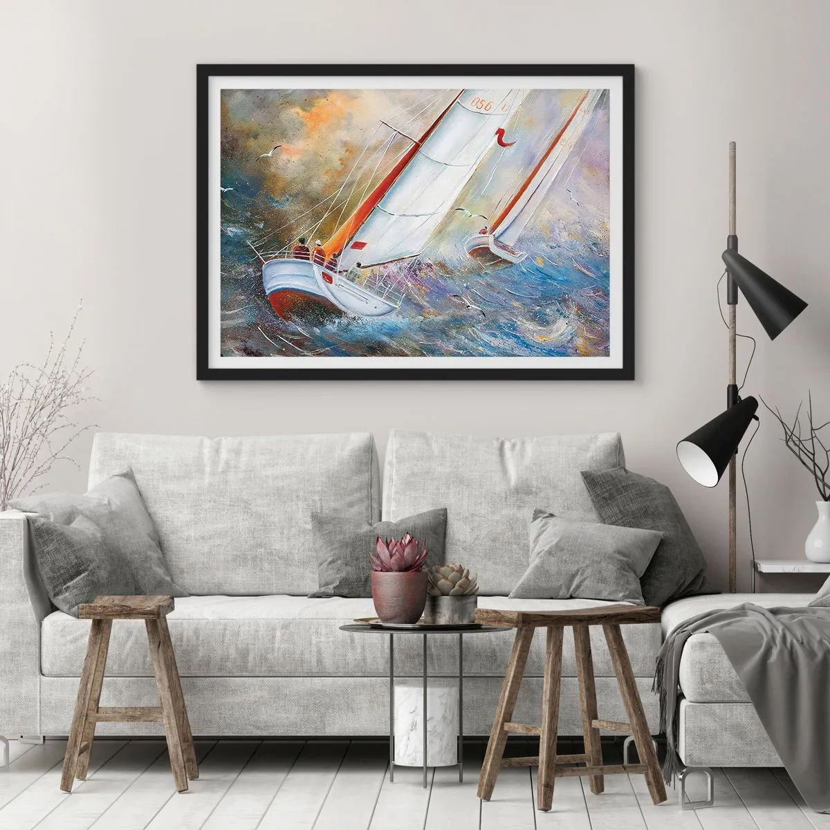 Plakat i sort ramme - Løber på bølgerne - 70x50 cm