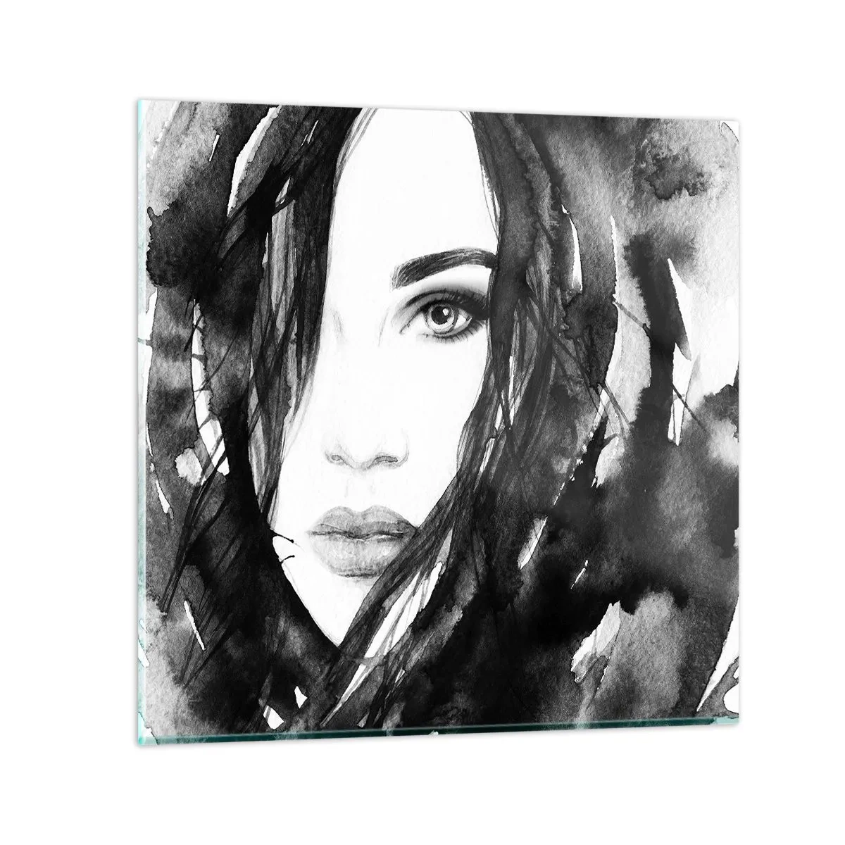 Billede på glas - Portræt af en dame i sort og hvidt - 50x50 cm