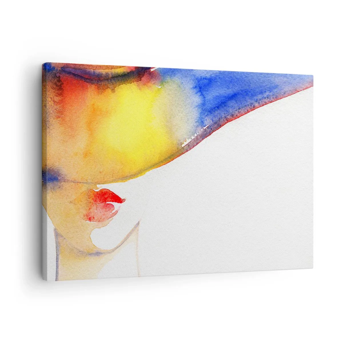 Lærredstryk - Billede på lærred - Et minimalistisk akvarelmaleri af en kvindes profil med en farverig hat. - 70x50cm - Portræt af en dame    - Moderne vægdekoration til stue og soveværelse ARTTOR